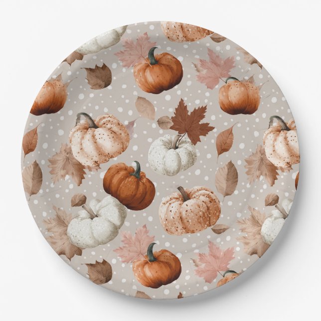 Rustic Autumn Pumpkins & Fall Leaves (2) Paper Plate (Front)