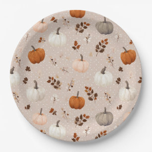 Rustic Autumn Pumpkins & Fall Leaves Paper Plate