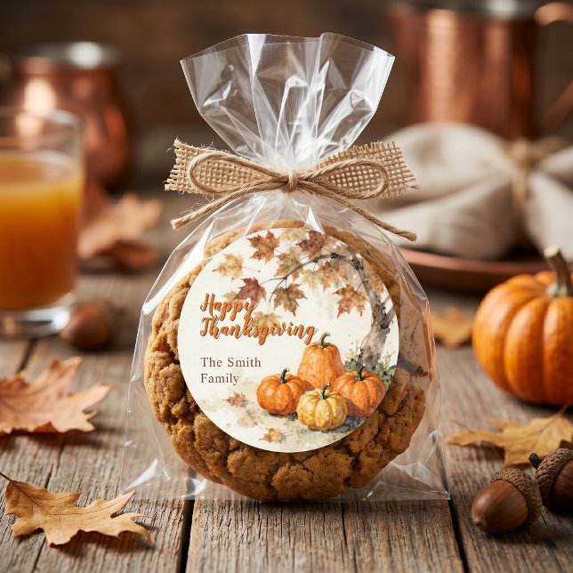 Rustic Autumn Pumpkins Falling Leaves Thanksgiving Classic Round Sticker (Creator Uploaded)