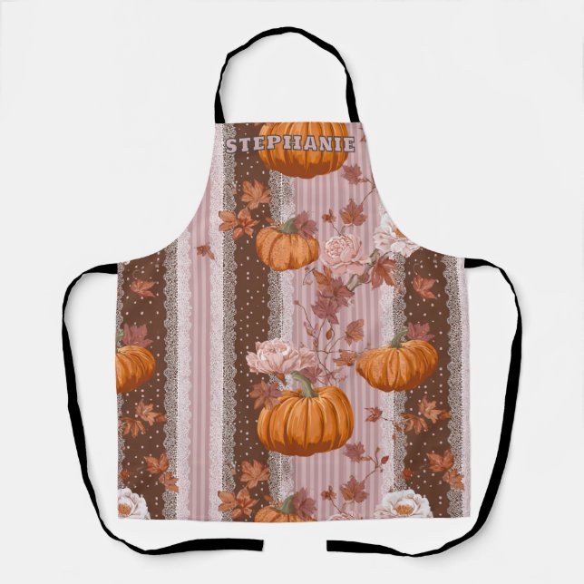 Rustic Autumn Pumpkins & Floral Lace Seamless Apron (Front)