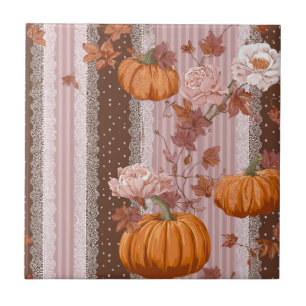 Rustic Autumn Pumpkins & Floral Lace Seamless Ceramic Tile