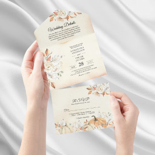 Rustic Autumn Pumpkins & Flowers All In One Invitation