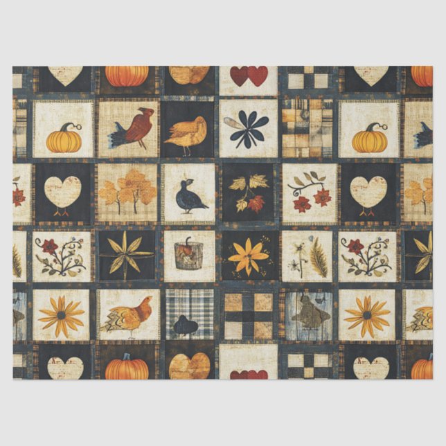 Rustic Autumn Quilt Pattern | Farmhouse Patchwork Tissue Paper (Front)