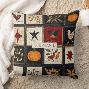 Rustic Autumn Quilt Pattern Harvest Folk Motifs Cushion