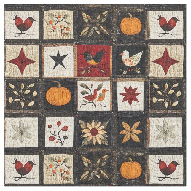 Rustic Autumn Quilt Pattern | Harvest Folk Motifs Fabric (Close Up)