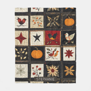Rustic Autumn Quilt Pattern   Harvest Folk Motifs Fleece Blanket