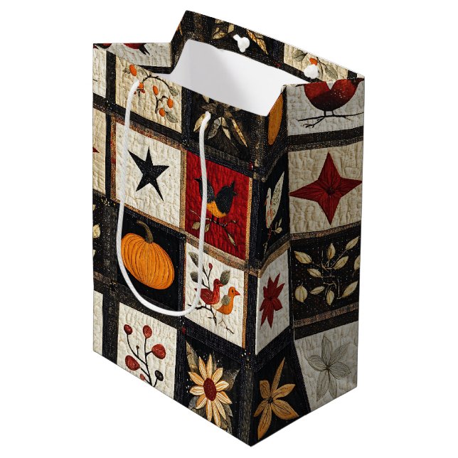 Rustic Autumn Quilt Pattern | Harvest Folk Motifs Medium Gift Bag (Front Angled)
