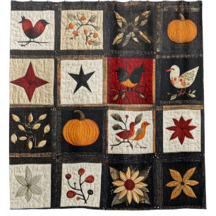 Rustic Autumn Quilt Pattern   Harvest Folk Motifs Shower Curtain