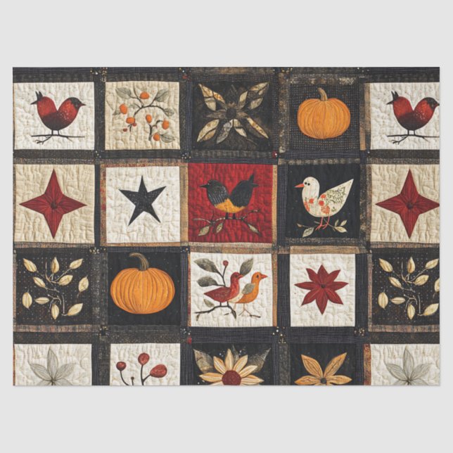 Rustic Autumn Quilt Pattern | Harvest Folk Motifs Tissue Paper (Front)