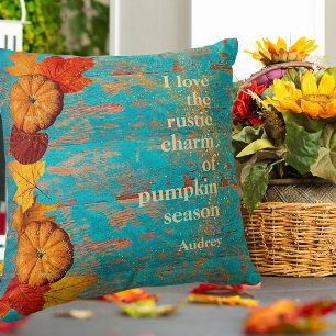 Rustic Autumn Red Leaves & Pumpkins Inspirational Cushion