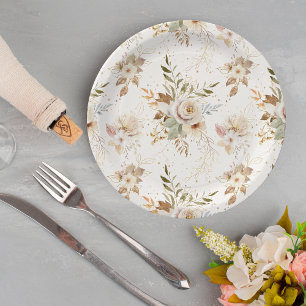 Rustic Autumn Roses Watercolor Botanical Paper Plate