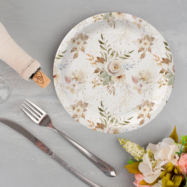 Rustic Autumn Roses Watercolor Botanical  Paper Plate (Creator Uploaded)