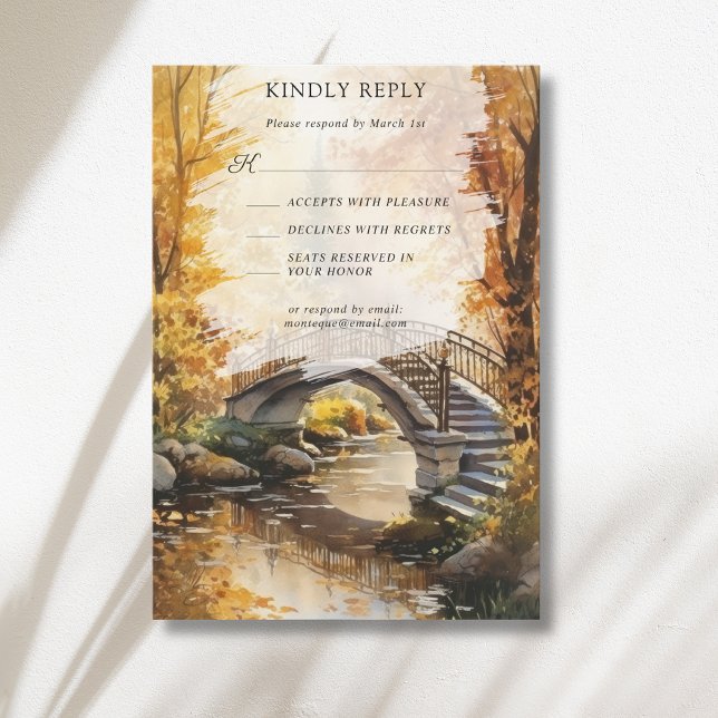 Rustic Autumn Stone Bridge River Fall Wedding RSVP Card (Creator Uploaded)