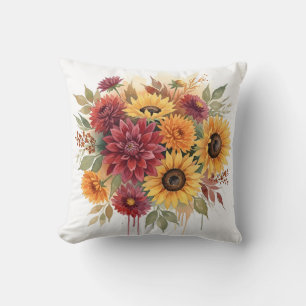Rustic Autumn Sunflower and Burgundy Dahlia Cushion