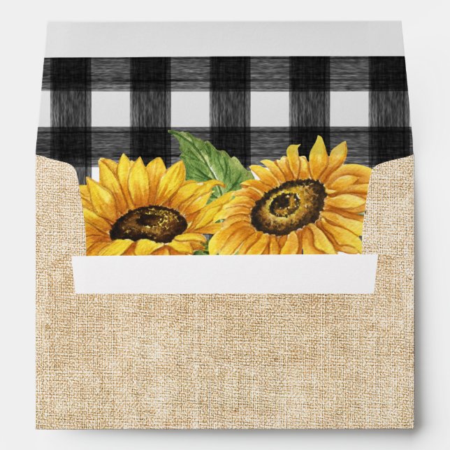 Rustic Autumn Sunflower Burlap & Black White Plaid Envelope (Back (Bottom))