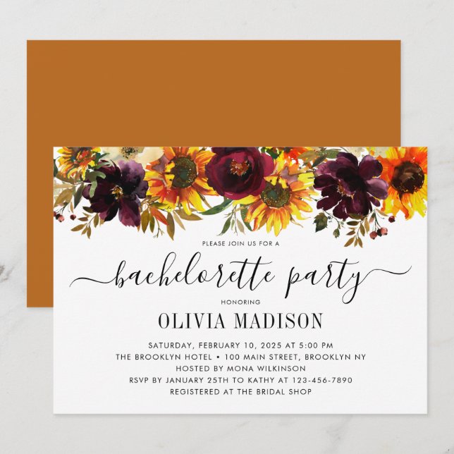 Rustic Autumn Sunflower Floral Bachelorette Party Invitation (Front/Back)