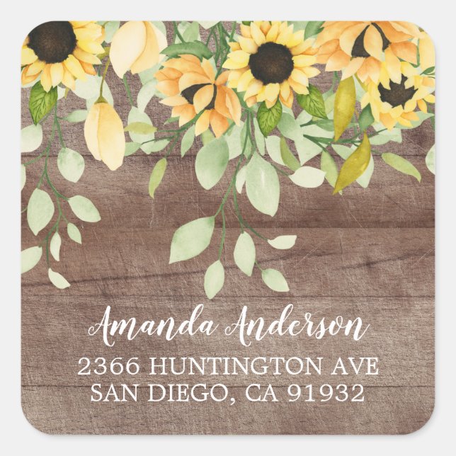 Rustic Autumn Sunflower Floral Return Address Square Sticker (Front)