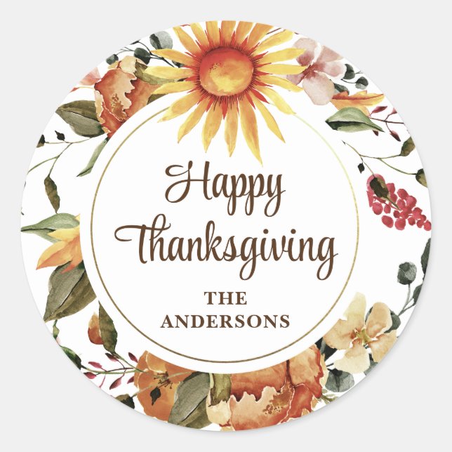 Rustic Autumn Sunflower Floral Thanksgiving Script Classic Round Sticker (Front)