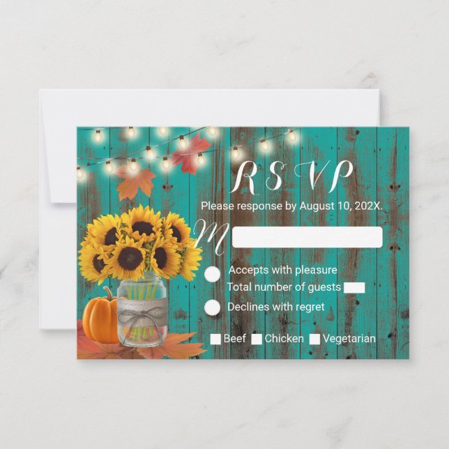 Rustic Autumn Sunflower Jar Teal Barn Wedding RSVP (Front)