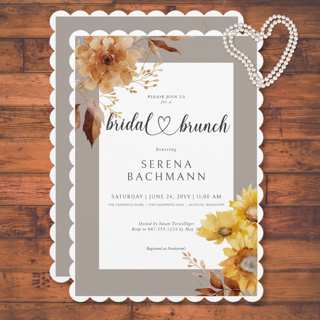 Rustic Autumn Sunflower Taupe White Bridal Brunch Invitation (Rustic Autumn Sunflower Taupe White Bridal Brunch Invitation)