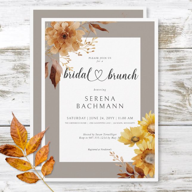 Rustic Autumn Sunflower Taupe White Bridal Brunch Invitation (Rustic Autumn Sunflower Taupe White Bridal Brunch Invitation)