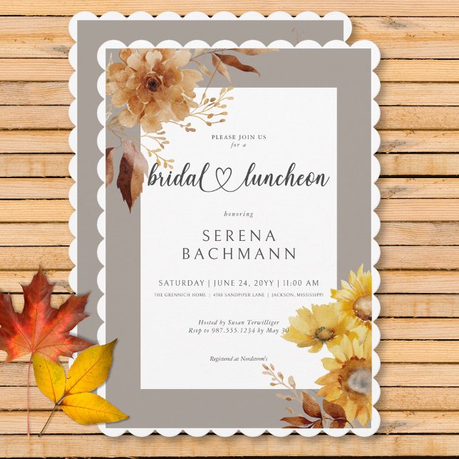 Rustic Autumn Sunflower Taupe White Bridal Lunch Invitation (Rustic Autumn Sunflower Taupe White Bridal Lunch Invitation)