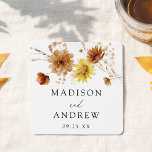 Rustic Autumn Sunflowers and Wildflowers Wedding Square Paper Coaster<br><div class="desc">Add a charming touch to your wedding reception with our Rustic Autumn Sunflowers and Wildflowers wedding paper coasters. Featuring a bouquet of hand-painted watercolor sunflowers, wildflowers, and vibrant fall foliage at the top, these coasters beautifully capture the essence of late summer and autumn. The warm colour palette of yellow, orange,...</div>