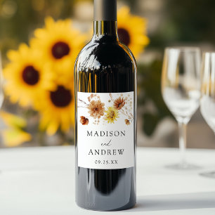 Rustic Autumn Sunflowers and Wildflowers Wedding Wine Label
