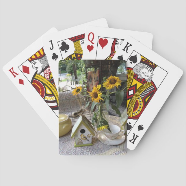 Rustic Autumn Sunflowers & Bird House Photo Playing Cards (Back)