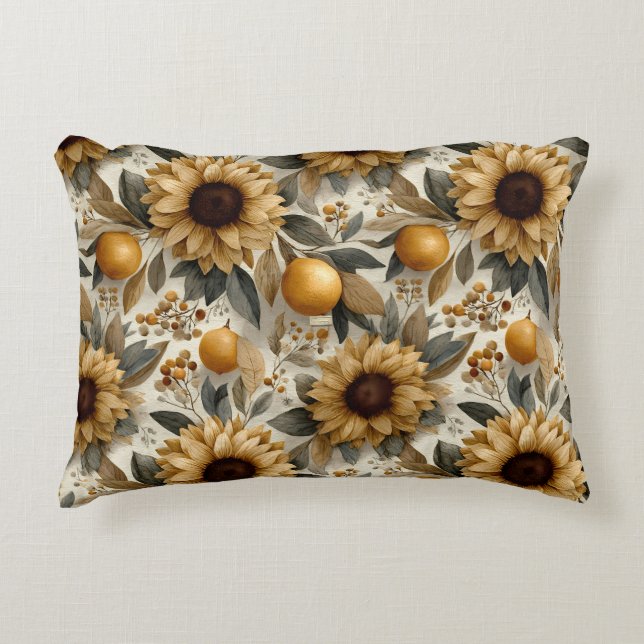 Rustic Autumn Sunflowers & Citrus Decorative Cushion (Front)
