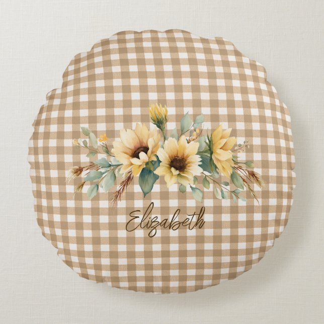 Rustic Autumn Sunflowers Gingham Personalised  Round Cushion (Front)