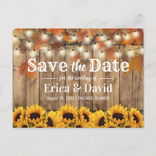 Rustic Autumn Sunflowers & Leaves Barn Wedding Announcement Postcard (Front)