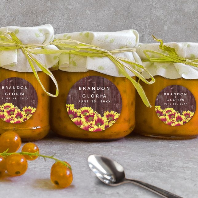 Rustic Autumn Sunflowers on Fence Wedding Classic Round Sticker (Autumn Sunflowers on Rustic Wooden Fence Wedding Round Sticker Cover Photo.)