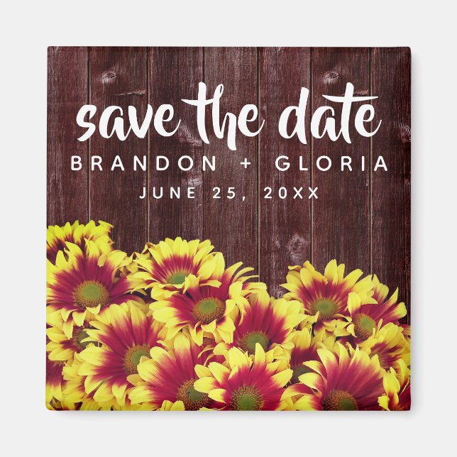 Rustic Autumn Sunflowers on Fence Wedding Magnet (Front)