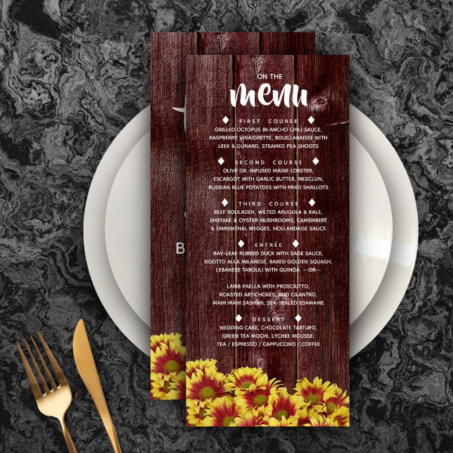 Rustic Autumn Sunflowers on Fence Wedding Menu (Rustic Autumn Sunflowers on Fence Wedding Menu Rack Card Cover Photo.)