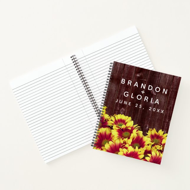 Rustic Autumn Sunflowers on Fence Wedding Notebook (Inside)