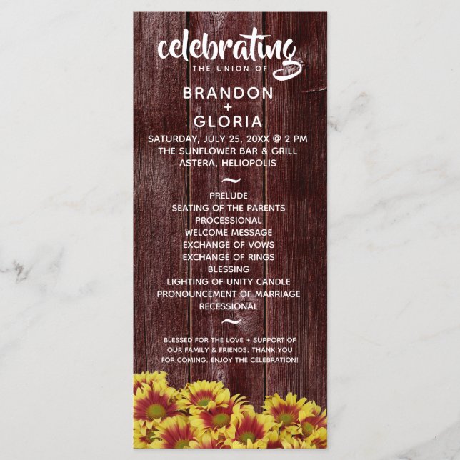Rustic Autumn Sunflowers on Fence Wedding Program (Front)