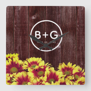 Rustic Autumn Sunflowers on Fence Wedding Square Wall Clock