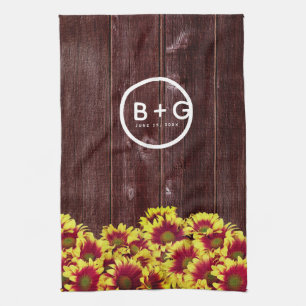 Rustic Autumn Sunflowers on Fence Wedding Tea Towel