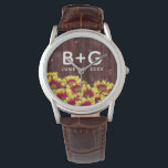 Rustic Autumn Sunflowers on Fence Wedding Watch<br><div class="desc">Add a touch of vintage charm to your special day with this floral-themed wedding wristwatch, which features a fall-blooming medley of vivid, two-tone mini sunflowers set on a weathered fence. Add newlyweds' initials and wedding date. A great keepsake for rustic and autumn wedding themes! Design © W.H. Sim. See more...</div>