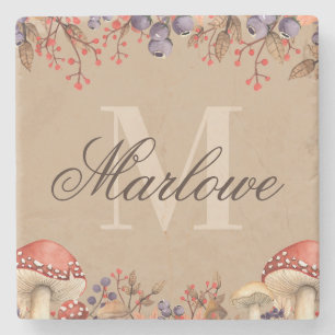 Rustic Autumn Tan Brown Thanksgiving Monogram Stone Coaster