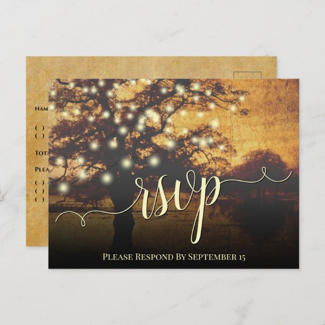 Rustic Autumn Tree & Lights Parchment Wedding RSVP Postcard (Front/Back)