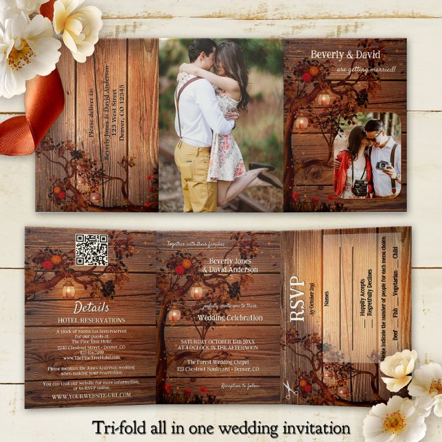 Rustic Autumn Tree Photo Wedding  Tri-Fold Invitation (Tri-fold all in one photo wedding invitation showing a rustic wood design with fall tree and lantern)