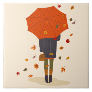 Rustic Autumn Umbrella Girl Ceramic Tile