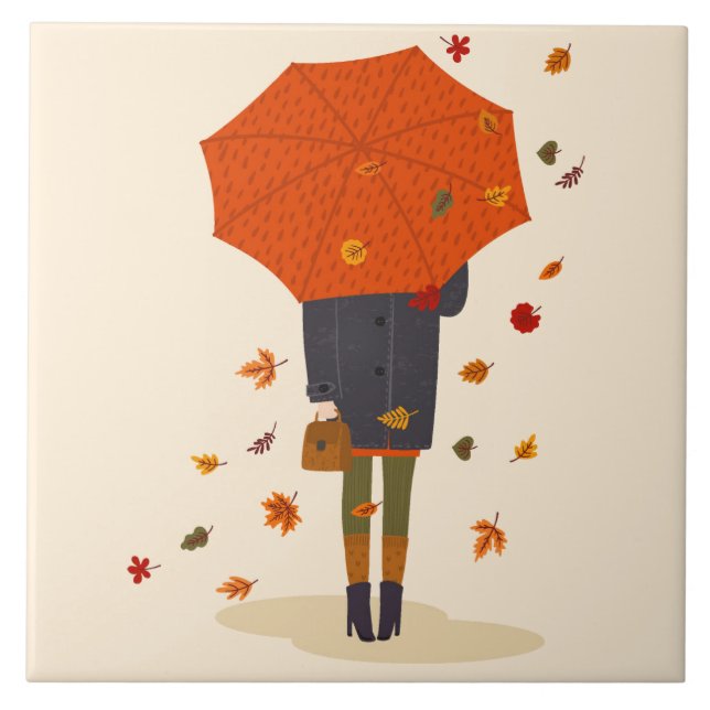 Rustic Autumn Umbrella Girl Ceramic Tile (Front)