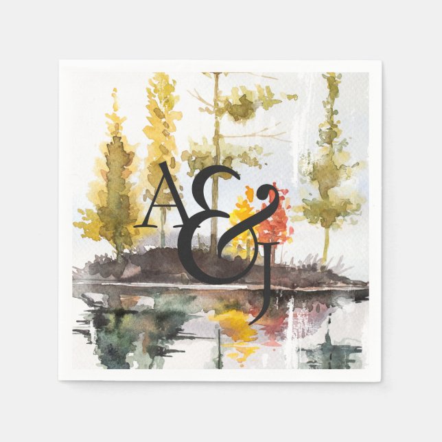Rustic Autumn Watercolor Pines Personalised Napkin (Front)