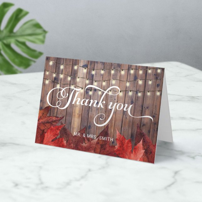 Rustic Autumn Wedding Red Leaves & String Lights Thank You Card (Creator Uploaded)