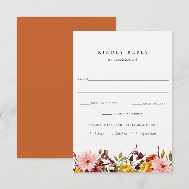 Rustic Autumn Wedding RSVP With Meal Choice Card (Front/Back)
