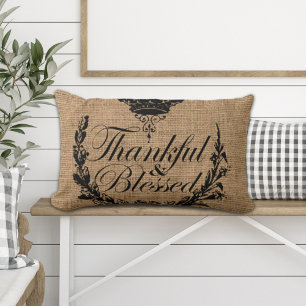 rustic autumn western country burlap be thankful lumbar cushion