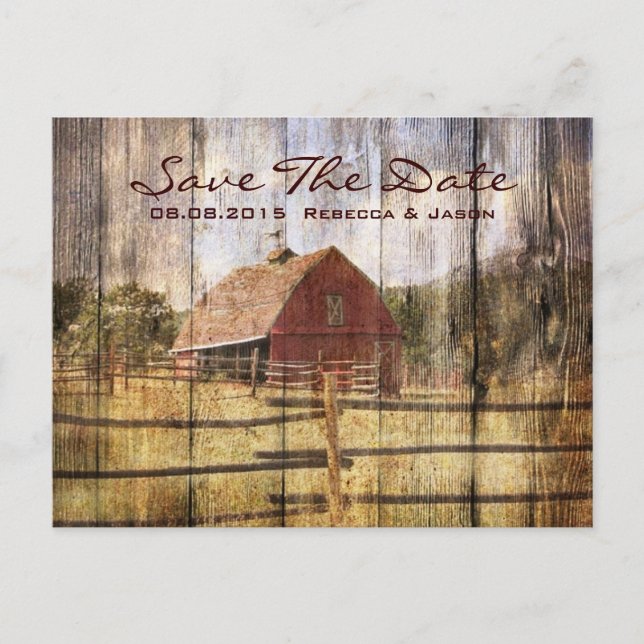 rustic autumn western country red barn wedding announcement postcard (Front)